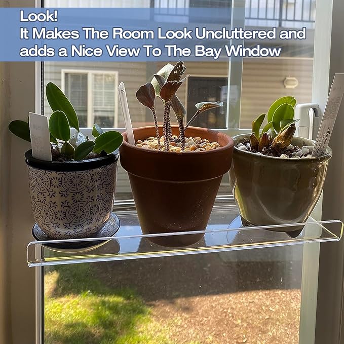 2 Pack 12 Inch Acrylic Window Boxes Plant Shelves, with Suction Cup Window Sill Extender, for Indoor/Outdoor Succulents, Micro Greens, Seed Starter Pots, Herb Planters
