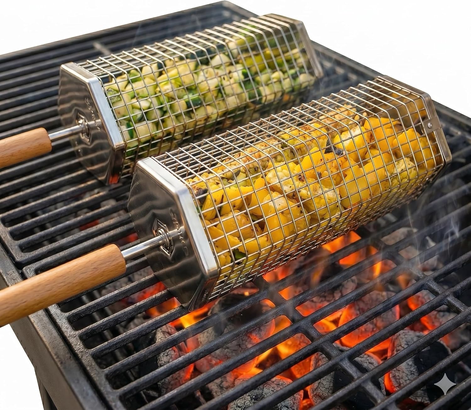 2 Pack Rolling Grill Basket – Stainless Steel Grilling Basket with Lid and Removable Wooden Handle – BBQ Accessories for Vegetables, Shrimp, Meat – Outdoor Cooking Gift for Dad or Husband – Otawe