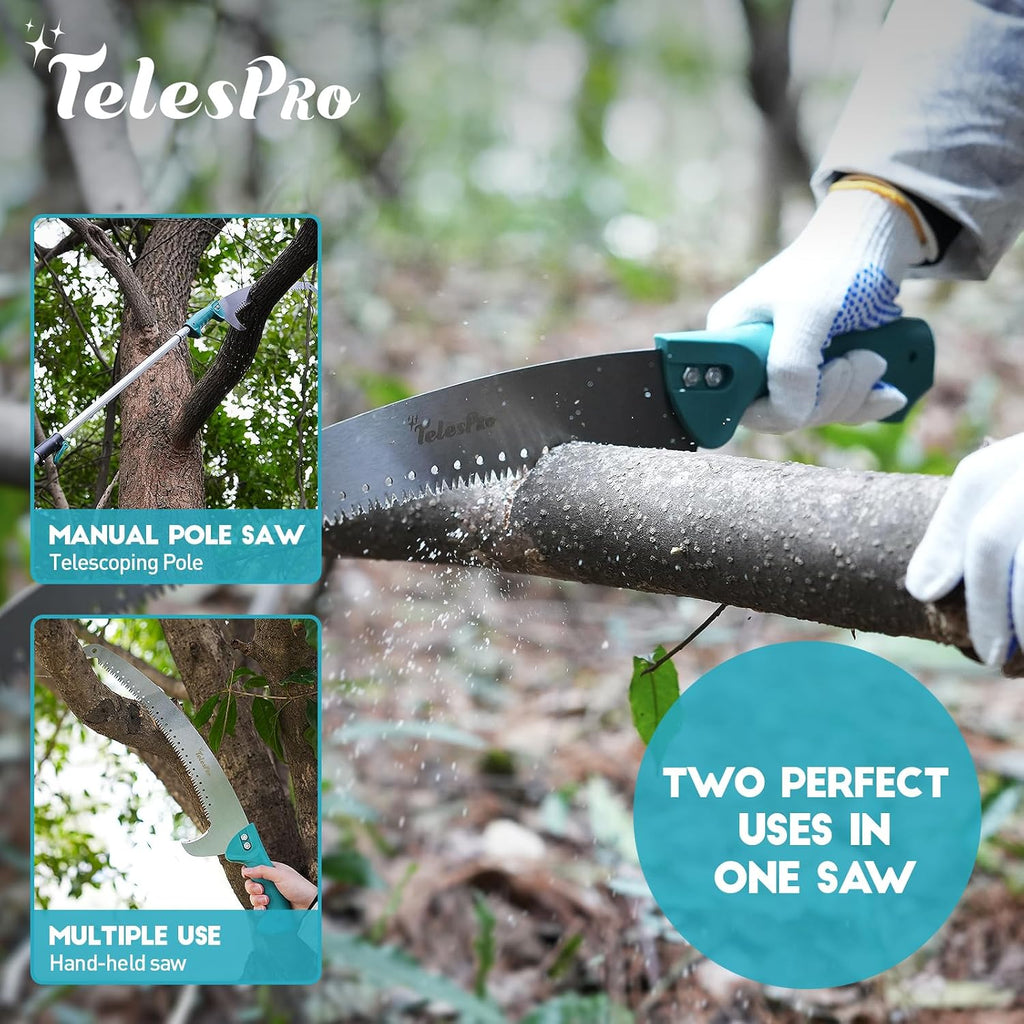 TelesPro Extendable Tree Trimmer: Manual Pole Saw | 5-12ft Telescoping Pruning Pole for Tree Trimming | Saw Attachment, Safety Goggles, and Gloves Included | Trim Branches up to 2" Diameter