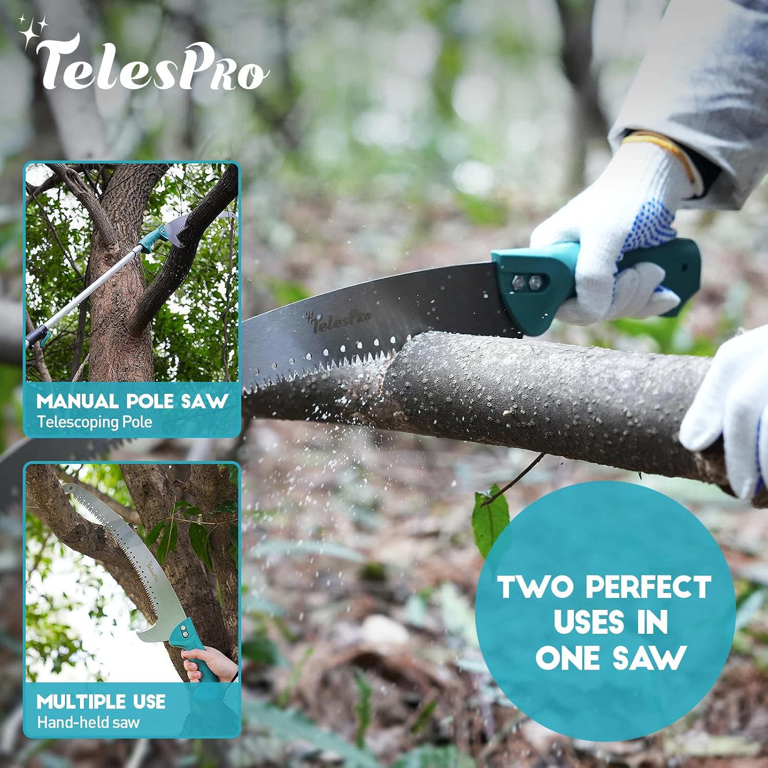 TelesPro Extendable Tree Trimmer: Manual Pole Saw | 5-12ft Telescoping Pruning Pole for Tree Trimming | Saw Attachment, Safety Goggles, and Gloves Included | Trim Branches up to 2" Diameter