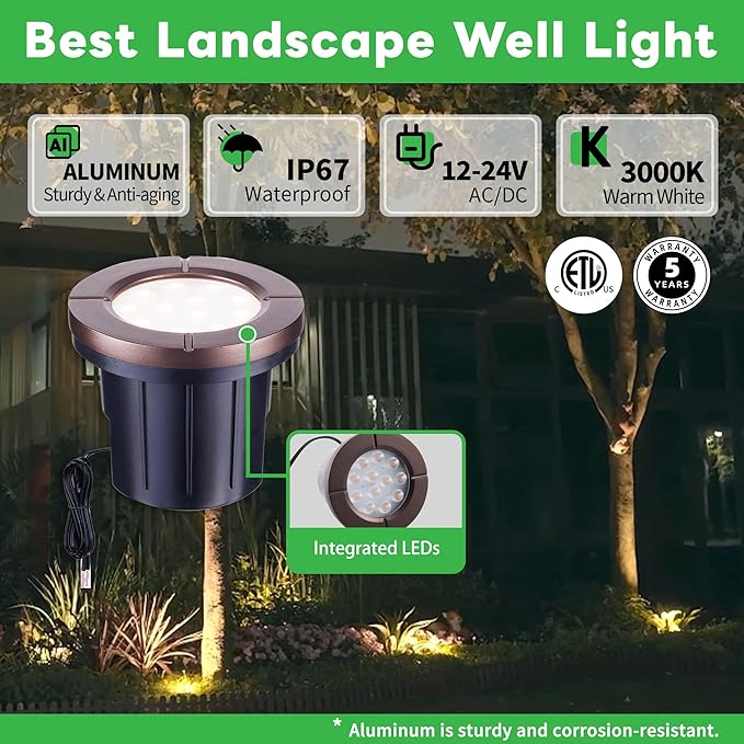 Well Lights Low Voltage, 12V In Ground LED Landscape Lights, IP67 Waterproof Outdoor, Open Top Aluminum ORB for Garden Driveway 6W 580LM 12 Pack