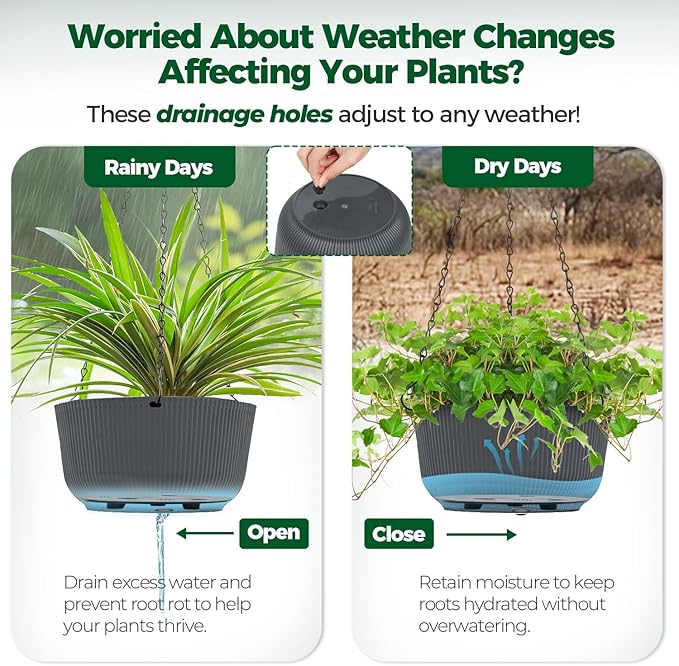 T4U 12 Inch Large Hanging Planters for Outdoor Plants, 2 Pack Self Watering Pots Indoor, Hanging Baskets for Plants,Hanging Flower Pot with Drainage Hole and Plant Hanger, Grey