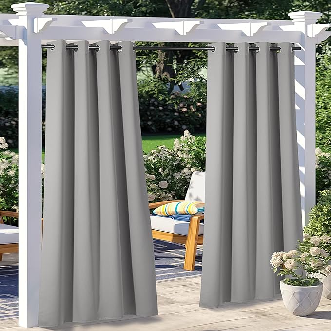 NICETOWN 2 Panels Patio Curtains Outdoor Waterproof, Thermal Insulated Rustproof Blackout Privacy Light Blocking Outdoor Indoor Window Drapes for Gazebo/Playground, W52 x L95, Silver Grey