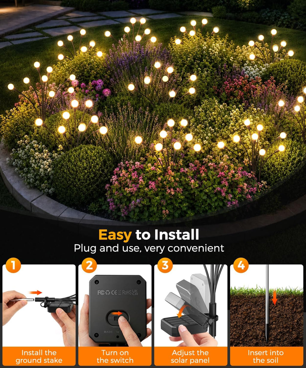 6 Pack Solar Garden Lights 48 LED, Solar Lights Outdoor Waterproof IP65, Decorative Garden Lights Solar Powered for Yard Patio Pathway Decor, Outside Fairy Firefly Lights Garden Gifts