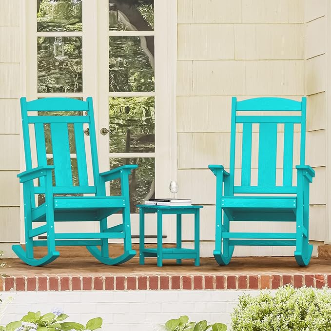 LUE BONA Outdoor Rocking Chairs Set of 4, HDPS Porch Rocker with High Back, Plastic Weather Resistant Rocking Chairs for Outdoor Indoor, Garden, Backyard, 350lb, Aruba Blue