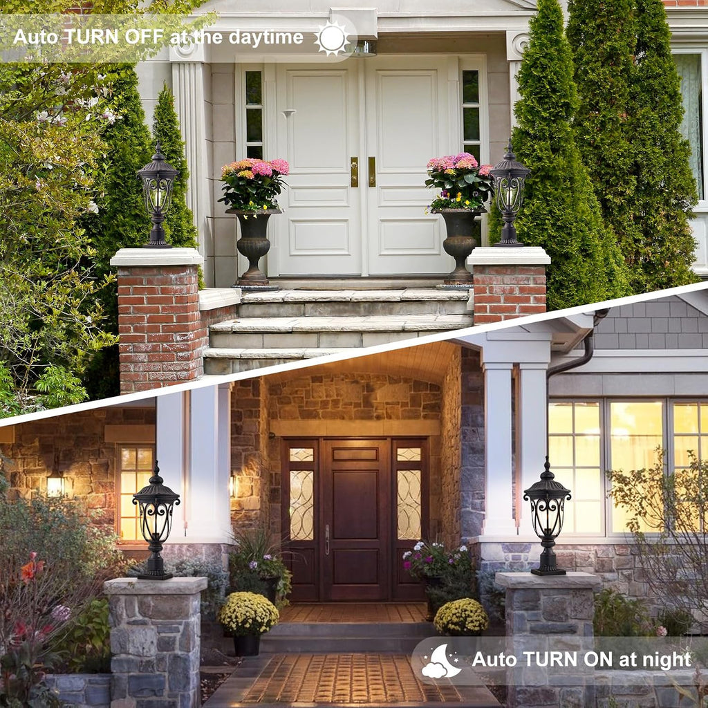 24 Inch High Outdoor Post Light Fixture with Dusk to Dawn Sensor, Bronze Post Lantern with Pier Mount, Exterior Pole Lighting with Seeded Glass for Yard, Garden, Patio and Pathway, LMMS0519-M