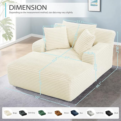 50 Inch Chaise Lounge Chair Indoor, Oversized Corduroy Upholstered Boneless Sofa Bed, Deep Seat Sleeper Couch Reading Chairs, Cloud Sofas Couches for Living Room, No Assembly Required (Beige)