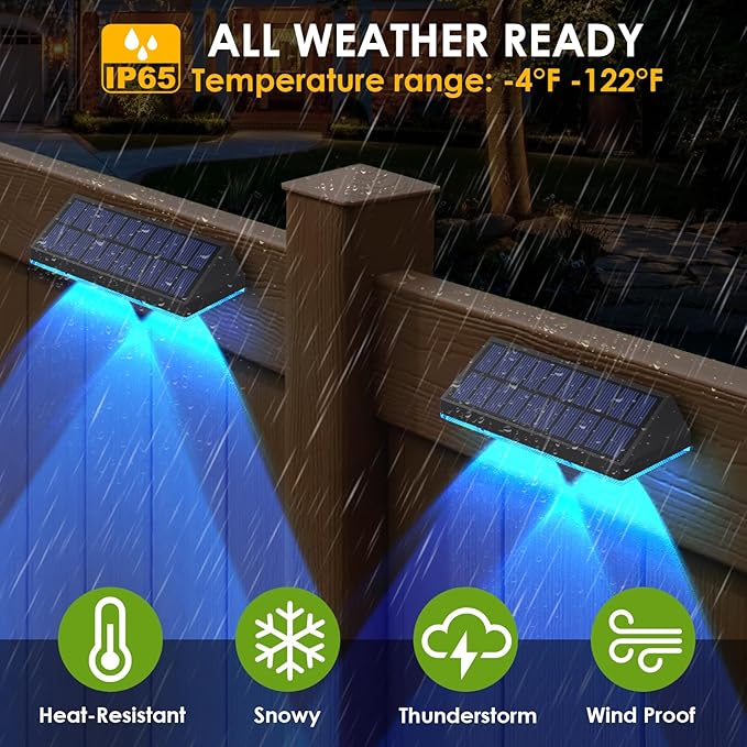 Solar Fence Lights Outdoor - Warm White & RGB 6 Color, Dusk to Dawn Solar Deck Light, Solar Lights Outdoor IP65 Waterproof, Garden Lights for Outside/Backyard/Railing/Step/Patio/Wall (8 Pack)