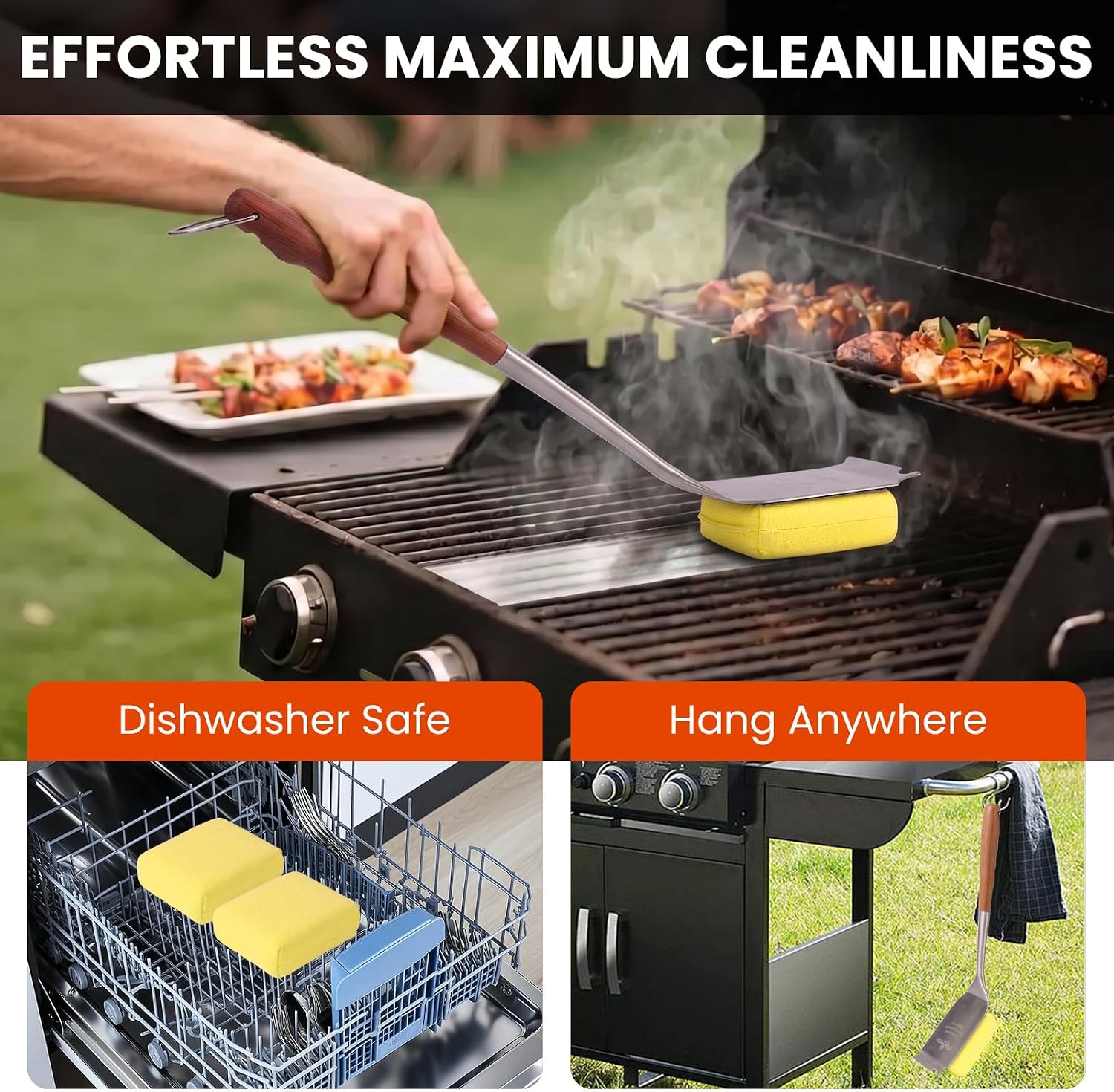 Grill Brush for Outdoor Grill, Bristle Free Grill Brush with Scraper | Safe Steam Grill Cleaner for BBQ&Griddle, Long Rosewood Handle Reaches Corners,for Porcelain,Cast Iron&Stainless Steel Grates