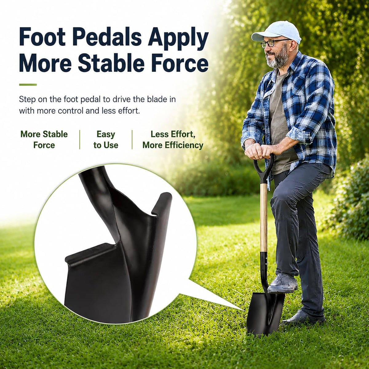 shovel for digging,round shovel, garden tool with d-handle showing dimensions