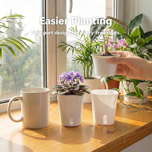 10 Pack 3 Inch Self Watering Pots for Indoor Plants, White Plastic Planters with Water Level Indicator, Drainage Holes & Wick, Small Plant Pots for Cuttings, Seedlings, Herbs, African Violets