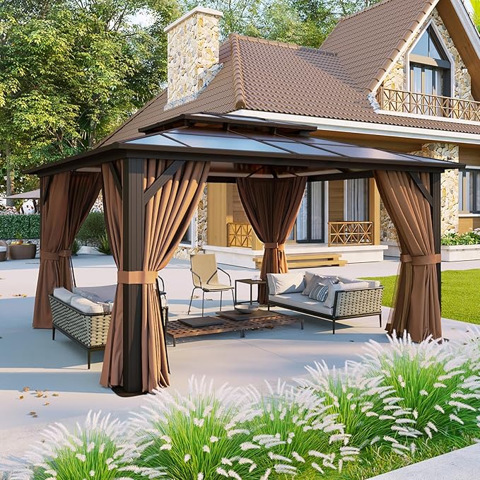 Aoxun 12'x14' Hardtop Gazebo with Double Polycarbonate Roof, Aluminum Frame Permanent Pavilion Includes Netting & Curtains for Patio, Lawn & Garden (Khaki)