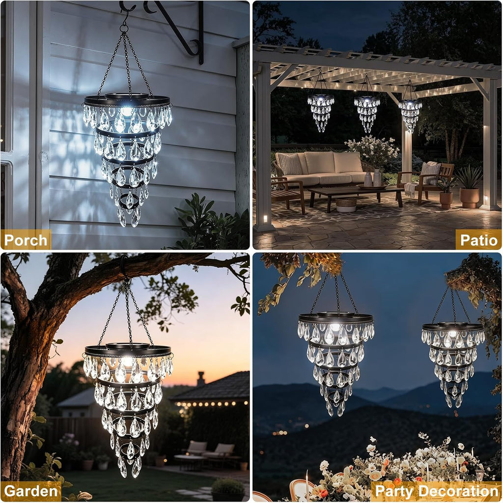 SUNNYPARK Hanging Solar Chandelier Light Outdoor Waterproof | Handcrafted with Teardrop Prisms, Solar Powered, Decorative Hanging Light for Patio, Porch, Gazebo Garden & Holiday