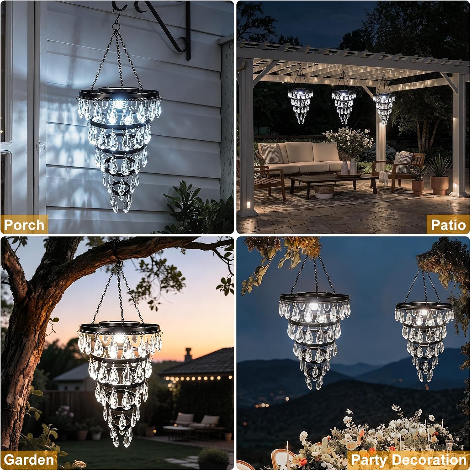 SUNNYPARK Hanging Solar Chandelier Light Outdoor Waterproof | Handcrafted with Teardrop Prisms, Solar Powered, Decorative Hanging Light for Patio, Porch, Gazebo Garden & Holiday