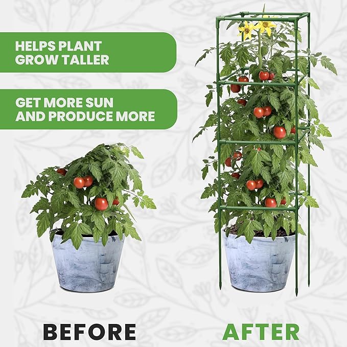 Tomato Cage Square - Large Trellis Stakes and Plant Support Structures for Vegetables and Climbing Plants - Tall Tomato Cages for Garden, Pots, Raised Garden Bed Outdoor Supplies (6 Pack - Up to 58")