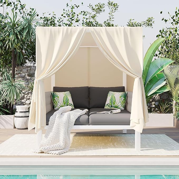 Merax Outdoor Patio Daybed with Soft Cushions and Curtains, Double Chaise Lounge Sunbed with Rubber Core Rope Backrest and Comfy Pillows for Outside Pool, Garden, Backyard, Lawn, Gray+Beige