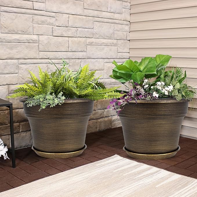 Plant Planters Pots Set of 4 Pack 10 Inch, Plastic Flower Pot For Indoor Plants With Drainage Holes & Trays, Resin Decorative Container Sets With Saucer For House Outdoor Garden Planters Dark Gold