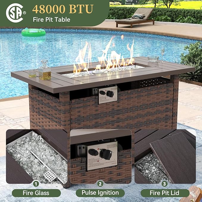 Aoxun 11 Piece Patio Furniture Set with 44” Fire Pit Table Wicker Rattan Outdoor Sectional Sofa Set with Coffee Table and 4” Thickened Cushions, Blue (Waterproof Cover Included)