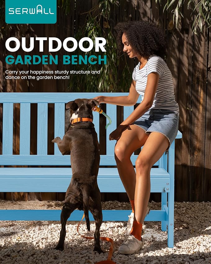SERWALL Outdoor Bench, HDPE Outdoor Benches Weatherproof, 2-Person Garden Bench with 660 lbs Weight Capacity, Patio Benches for Outdoors, Garden, Porch, Backyard and Park, Light Blue, 4 Pack