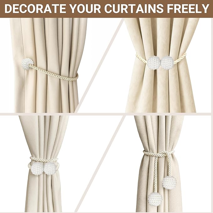 Hion Magnetic Curtain Tiebacks Beige 6 Pack, Curtain Tiebacks Buckles Holdbacks Holders Hooks Clip for Home Bedroom Office Decorative Thick or Thin Curtain