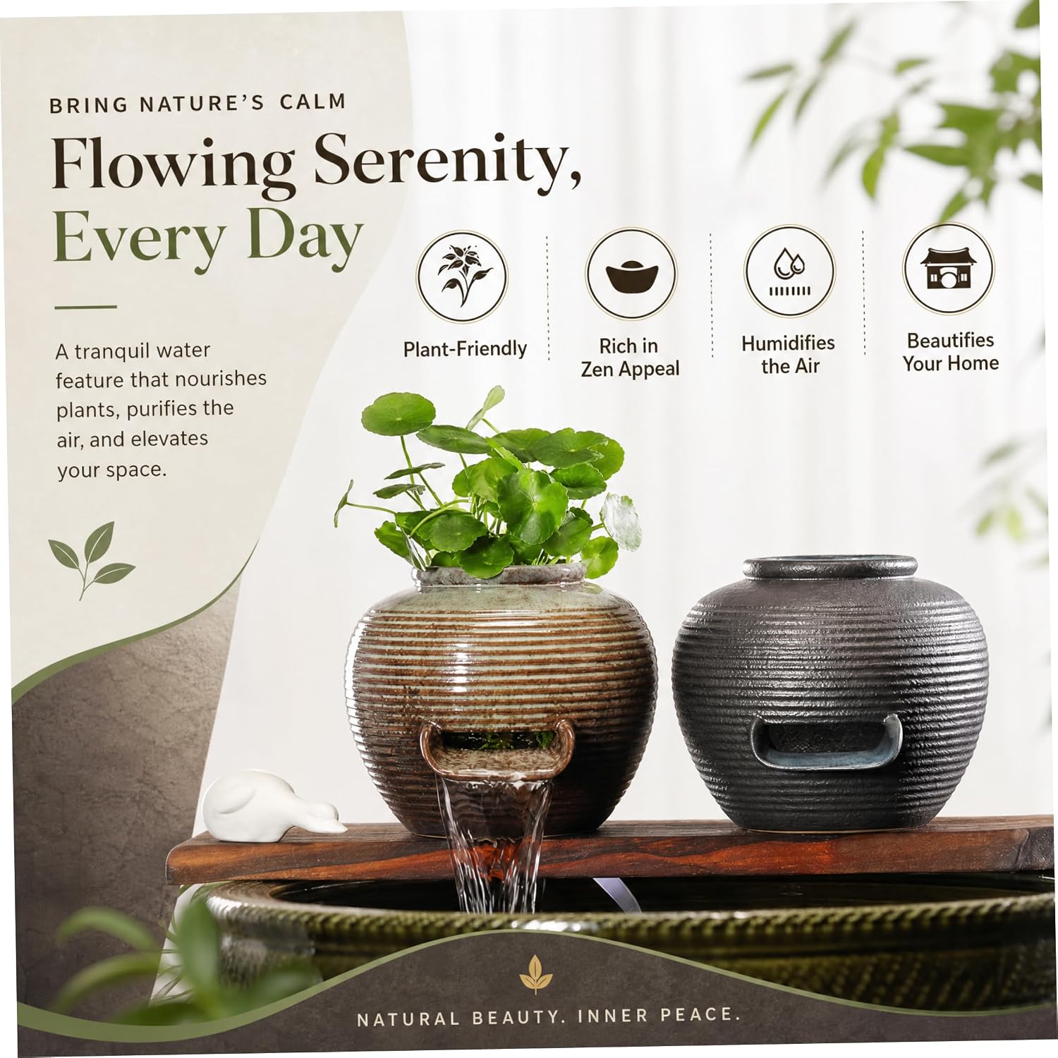 Indoor Water Fountains Small Kiln Fountain Spitter with Wide U-spout, Ceramic Pond Water Features for Fish Pond Circulation and Hydroponic Plant Decor Black