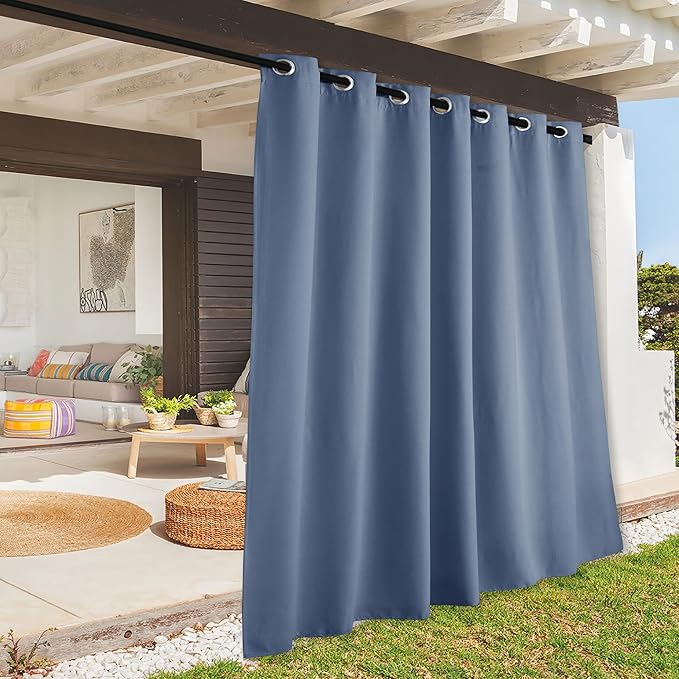 RYB HOME Extra Wide Outdoor Curtains for Patio Waterproof Heavy Duty Thermal Insulated in Summer Full Coverage Privacy for Porch, Cabana & Pergola, W100 x L95, Stone Blue, 1 Panel