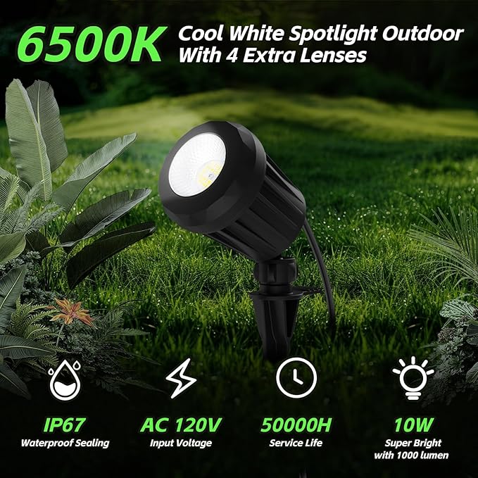 Spotlight Outdoor – 120V Plug-In, 6500K Cool White LED Landscape Lighting with RGB Purple 4 Color Lenses for Yard, Garden, Lawn & Tree Decor on Holidays&Everyday, IP67 Waterproof (4 Pack,Black)