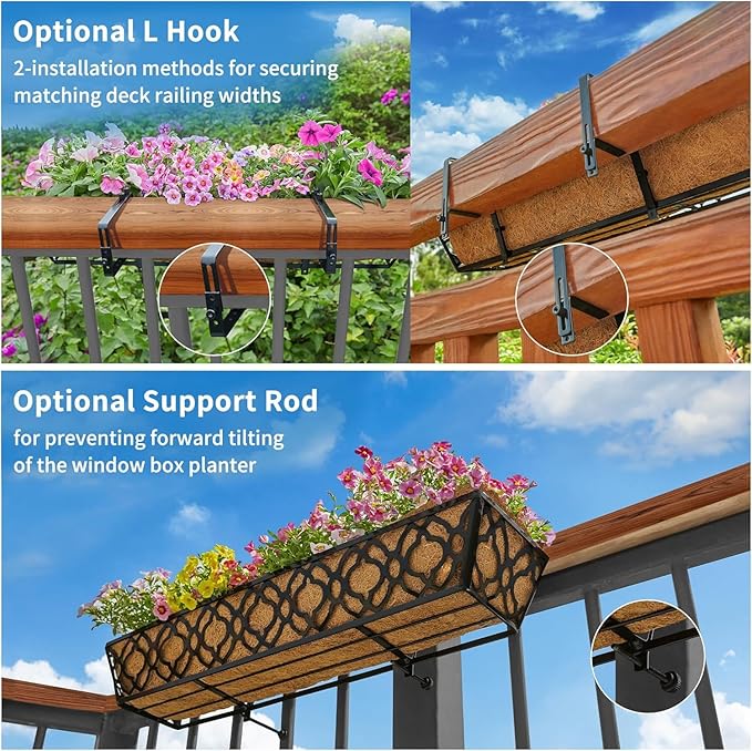 Y&M 30 inch Window Planter Box 2Pcs Iron Window Deck Railing Planter with Coco Liner, Metal Horse Troughs Fence Planter for Outdoor Balcony Rail Fence Porch Patio