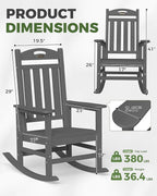 Oversized Outdoor Rocking Chairs Set of 2, High Back Porch Rocking Chair, HDPE All Weather Resistant Rocking Chairs for Patio, 380lbs Weight Capacity, Dark Grey