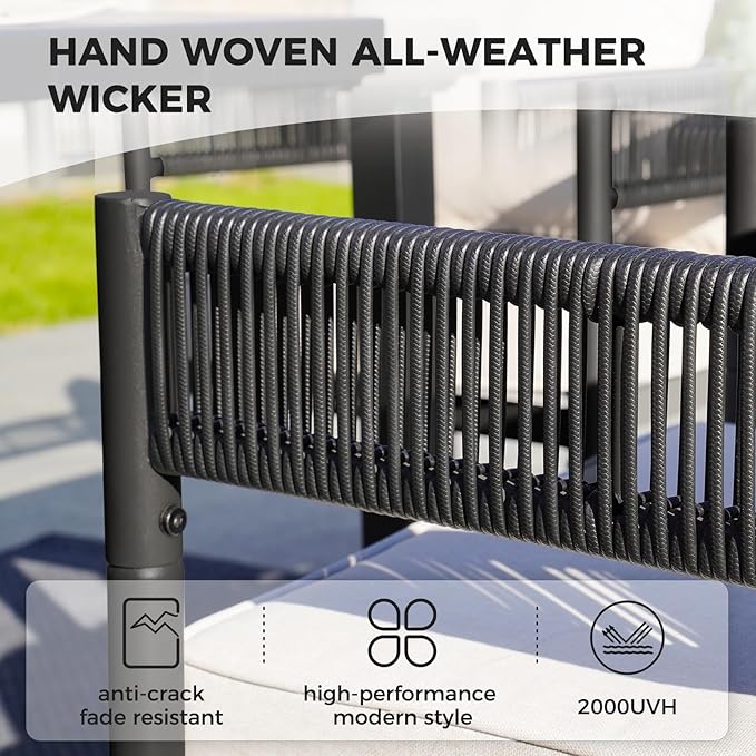 Grand patio 5-Piece Outdoor Dining Set for 4, Metal Woven Wicker Fixed Patio Chairs with Thickened Cushions & 1 Square Woodgrain Dining Table with Umbrella Hole for Backyard Deck (Black)