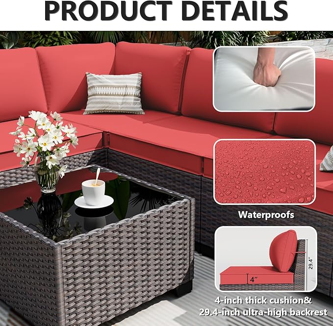 ALAULM 7 Pieces Patio Furniture Set with Fire Pit Table 55000BTU, Oversized Seat/Armrest and High Back Wicker Conversation Set with Thick Cushion for Backyard, Garden, (Red)