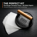 The Burger Smasher™ Pre-Seasoned Heavy Duty Cast Iron Smash Burger Press Kit - Heat Resistant Burger Smasher for Griddle, Food, Chef, Meat & Cooking Press, Hamburger Smasher - 30 Patty Paper