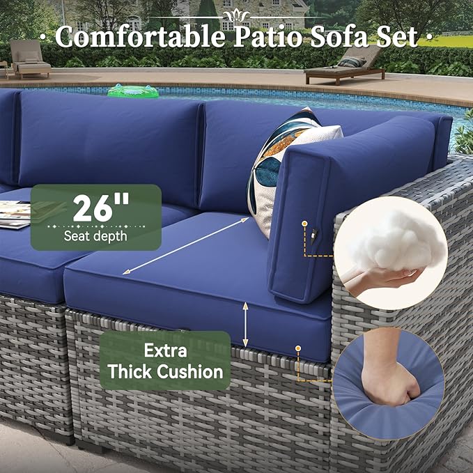 Aoxun 10 Piece Patio Furniture Set Wicker Rattan Patio Conversation Set Outdoor Sectional Sofa Set with Coffee Table and Thickened Cushions, Gray/Blue (Waterproof Cover Included)