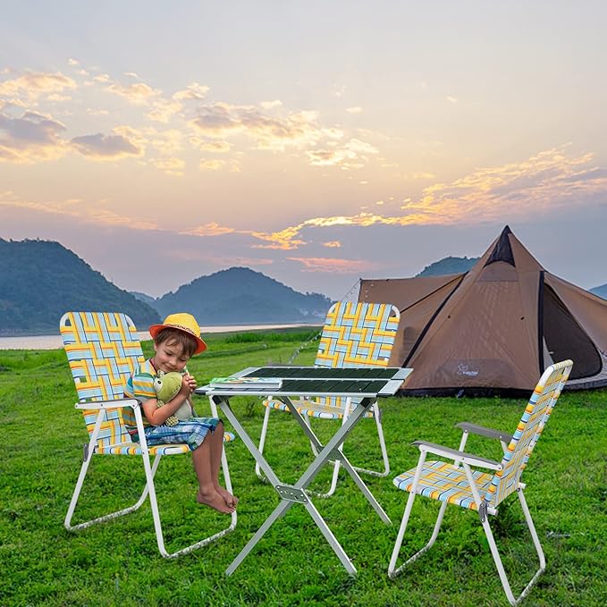 VINGLI Patio Lawn Webbed Folding Chairs Set of 4, Outdoor Beach Chair Portable Dining Chair for Outdoor Yard, Garden (Yellow, Classic)