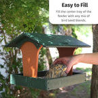 DutchCrafters Plastic Poly Covered Roof Hanging Fly Through Bird Feeder Open Side Platform Seed Tray for Outside Outdoor Garden - Amish American Made in USA (Turf Green & Cedar)