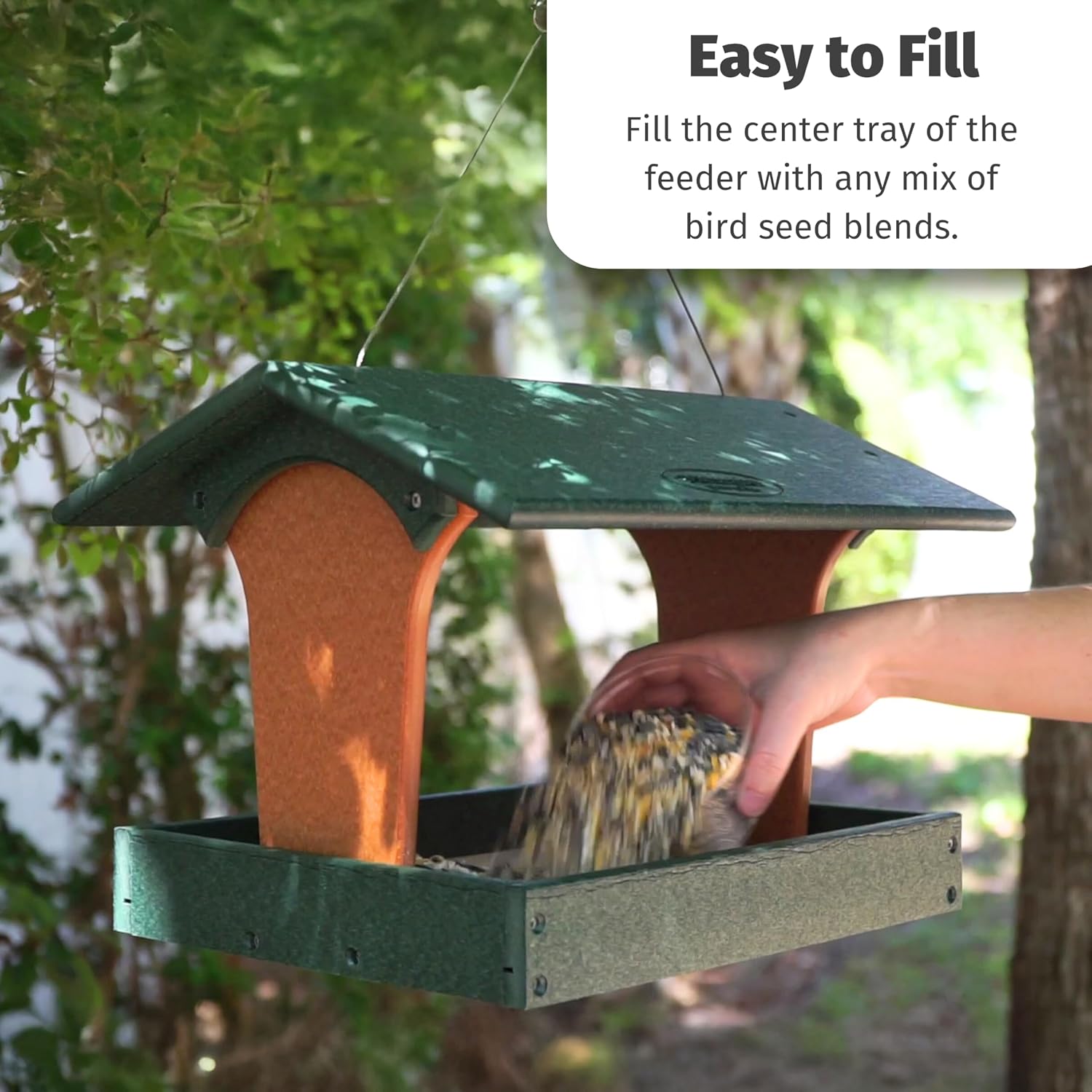 DutchCrafters Plastic Poly Covered Roof Hanging Fly Through Bird Feeder Open Side Platform Seed Tray for Outside Outdoor Garden - Amish American Made in USA (Turf Green & Cedar)