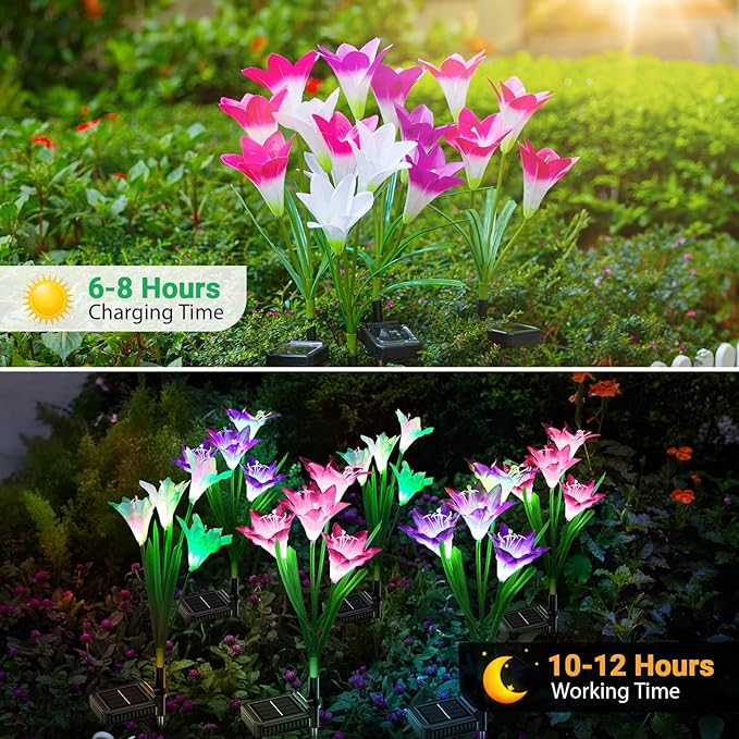 WdtPro Solar Lights Outdoor Garden Decorative 6 Pack, Waterproof Solar Garden Lights with 24 Lily Flowers, Color Changing LED Solar Powered Landscape Lights for Outside Yard Patio Decor,Gifts