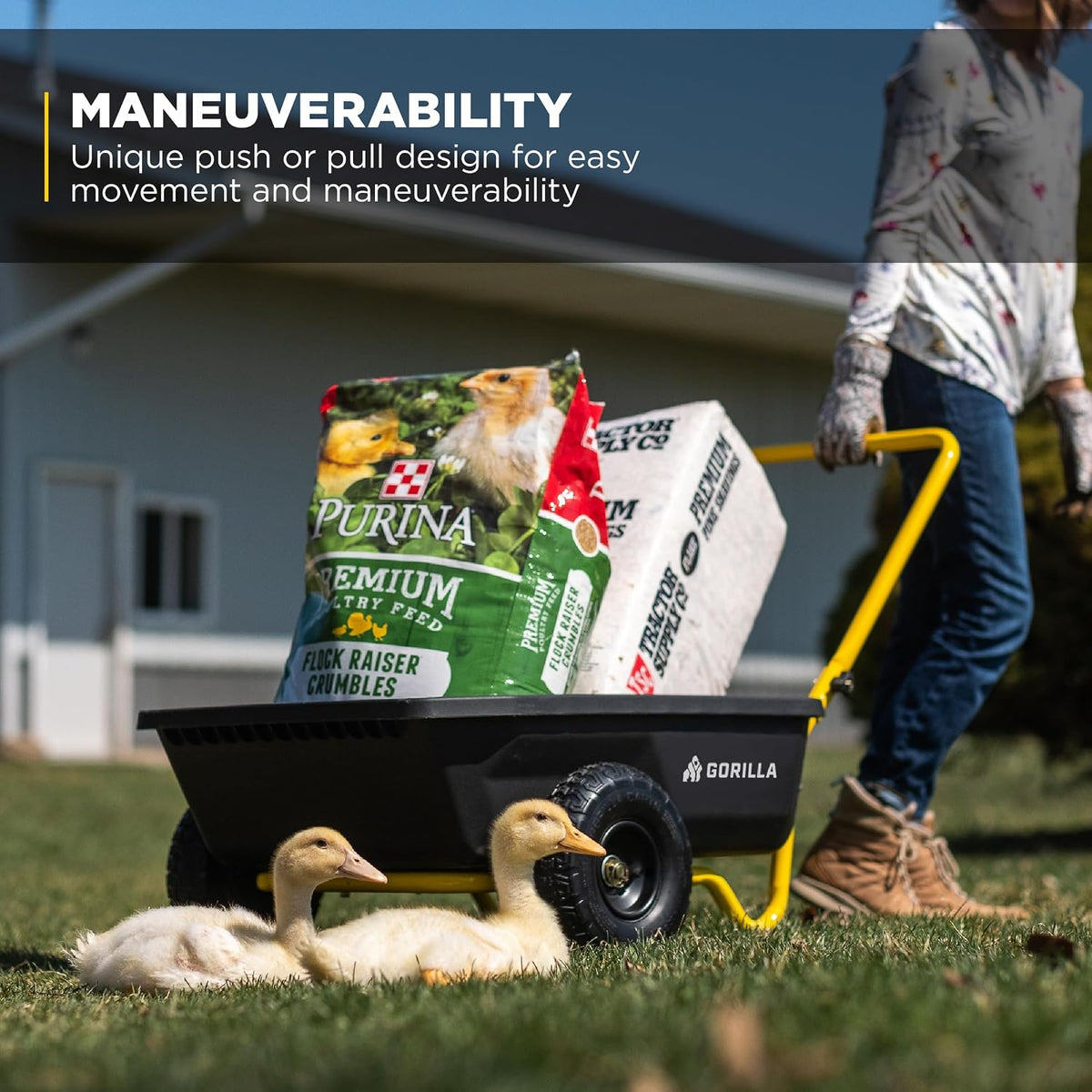 gorilla carts poly dump cart, 2-wheel garden wagon showing dimensions