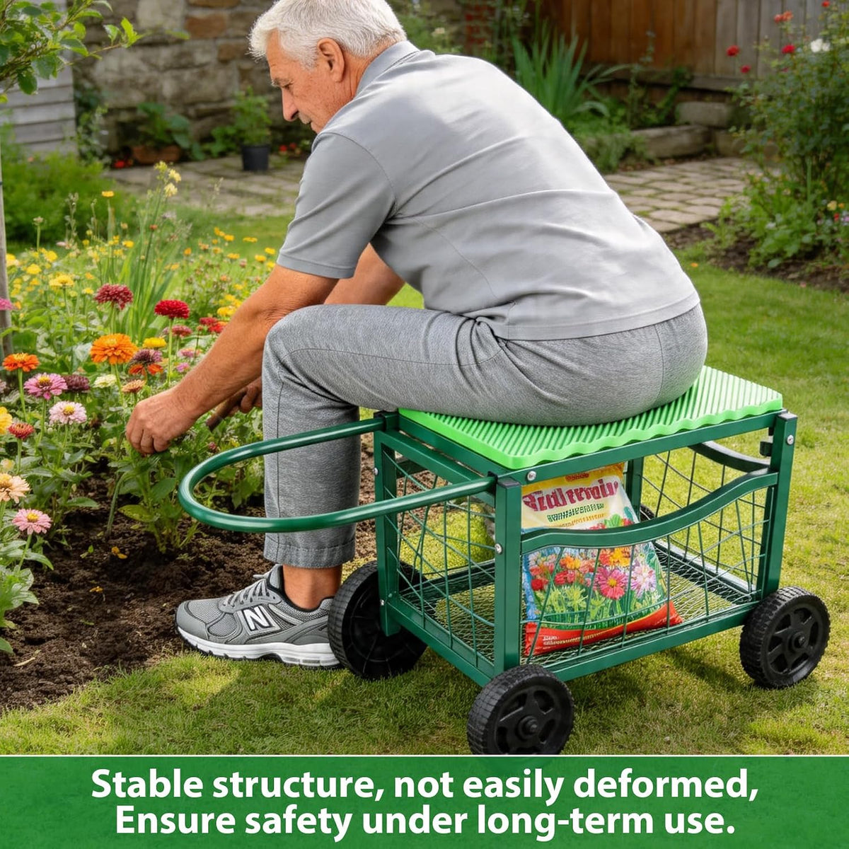 garden work chair with wheels, heavy-duty gardening cart, package contents
