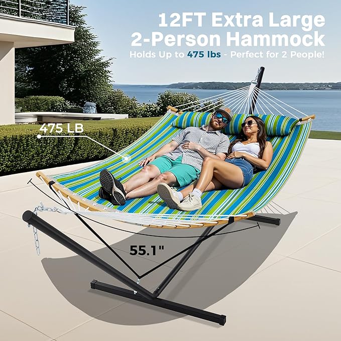 SUPERJARE Curved-Bar Hammock with Stand, 2 Person Heavy Duty Hammock Frame, Detachable Pillow & Portable Carrying Bag, Perfect for Outdoor & Indoor, Thin Blue and Green Stripes