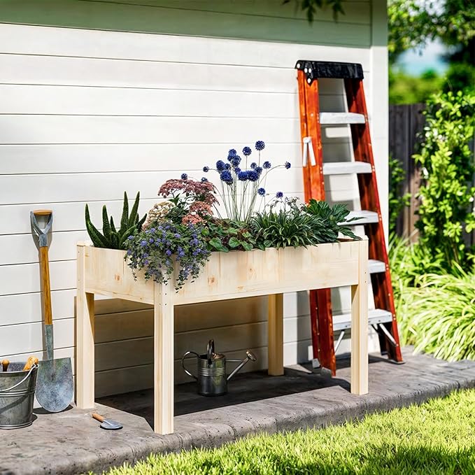 DUMOS Raised Garden Bed with Legs, 48x24x30 Inch Planter Box Outdoor with Liner for Herbs/Flowers/Vegetables, Elevated Wooden Garden Bed for Patio, Balcony and Backyard, Soft Wood
