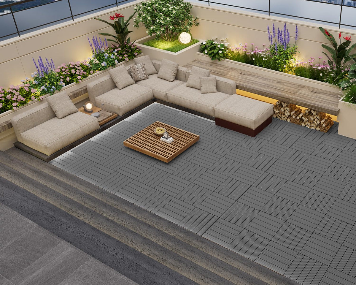 primezone 36 pcs plastic interlocking patio deck tiles showing dimensions