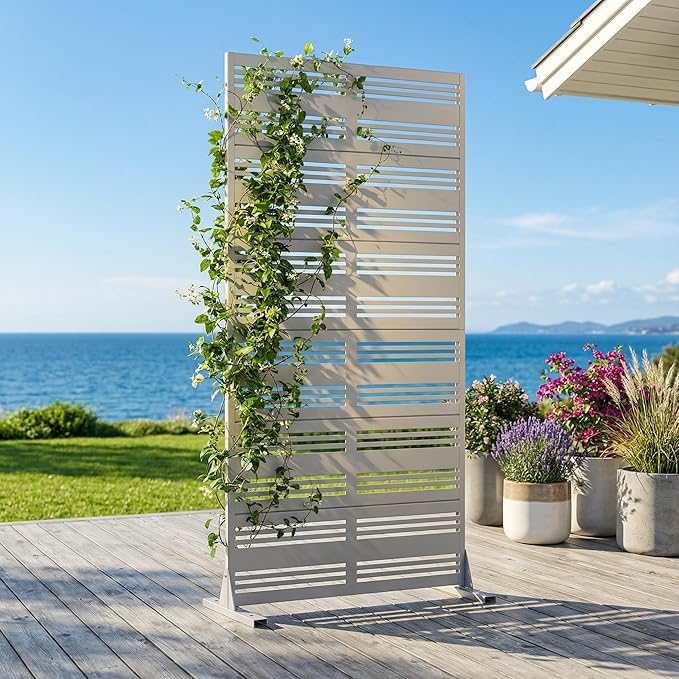 Casaphoria Metal Privacy Screen Outdoor, 72" H x 35" W Freestanding Decorative Privacy Screen for Patio Deck Balcony Garden with Stable Base, Grey-Benjamin
