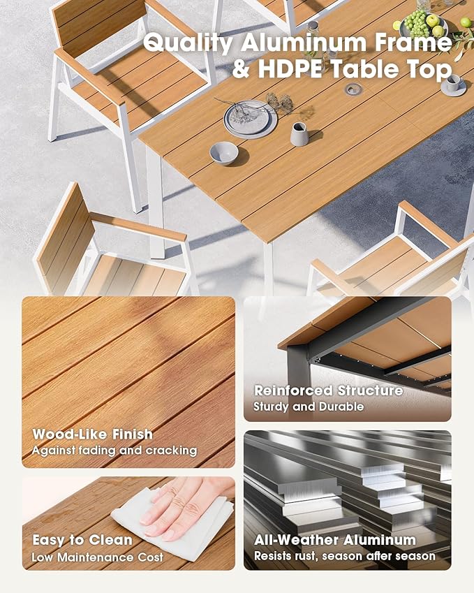 Outdoor Patio Dining Table, Aluminum & HDPS Outdoor Table with Umbrella Hole, All-Weather for Deck, Garden, Lawn, Backyard, Poolside (White & Teak)