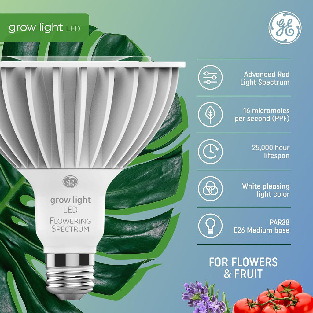 GE Grow LED Light Bulb, PAR38 Flood Light, Indoor LED Grow Lights, 1 Pack | For Flowers & Fruit, Advanced Red Light Spectrum, 25, 000 Hour Lifespan, 50 PPF, Packaging May Vary