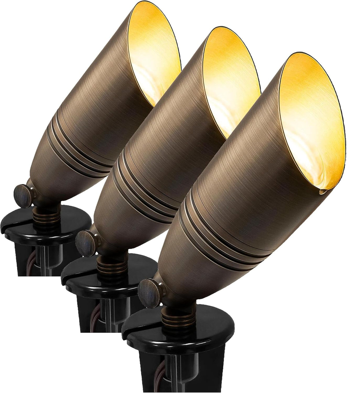 UL Listed Solid Brass Landscape Spotlight, Low Voltage Outdoor Directional Uplight, with 5W MR16 LED Bulb & Large Rugged Slot Spike, 12V AC/DC Garden Patio Spot Up Light (Pack of 3)