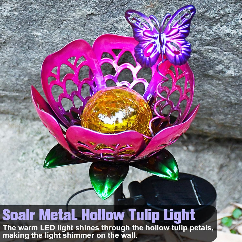 Solar Path Light, 2 Pack Crackle Glass Globe LED Lights, Metal Butterfly Decorations Lights, Hollow Petal Tulip Stake Light for Patio Yard Walkway Ground Lawn Ornaments Gifts (Purple Flower - 2pcs)