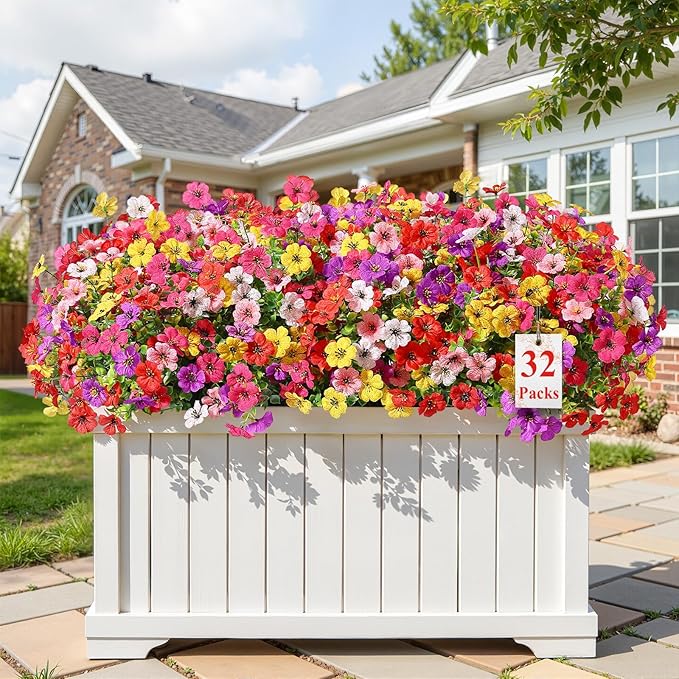 Alupssuc 32 Bundles Artificial Flowers for Outdoors Decoration, UV Resistant Silk Faux Daisy Flora Spring Fake Plastic Plants Greenery for Outside Indoor Yard Home Porch Window Box Decor, Mix 6 Colors