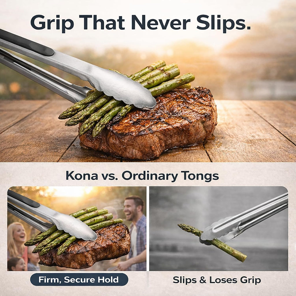 Kona 18-in Stainless Steel Locking Grill Tongs, Heavy-Duty, 1 Pack | Extended 18-in reach, locking design for easy storage, for grill, BBQ, and kitchen