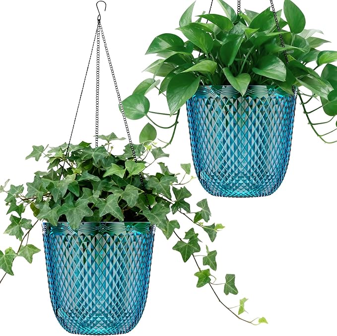 QCQHDU Self Watering Hanging Pots, 2 Pack 5.7 Inch Hanging Planters for Plants Indoor, Outdoor Flower Pots with Drainage Holes and 3 Hooks Chains for Garden Home (Klein Blue)